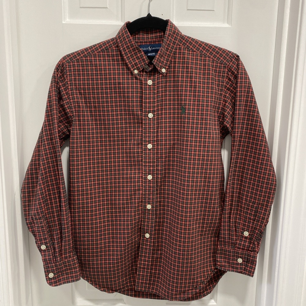 Ralph Lauren Boys Long Sleeve Button Down Red‎ Plaid Youth Medium 12/14